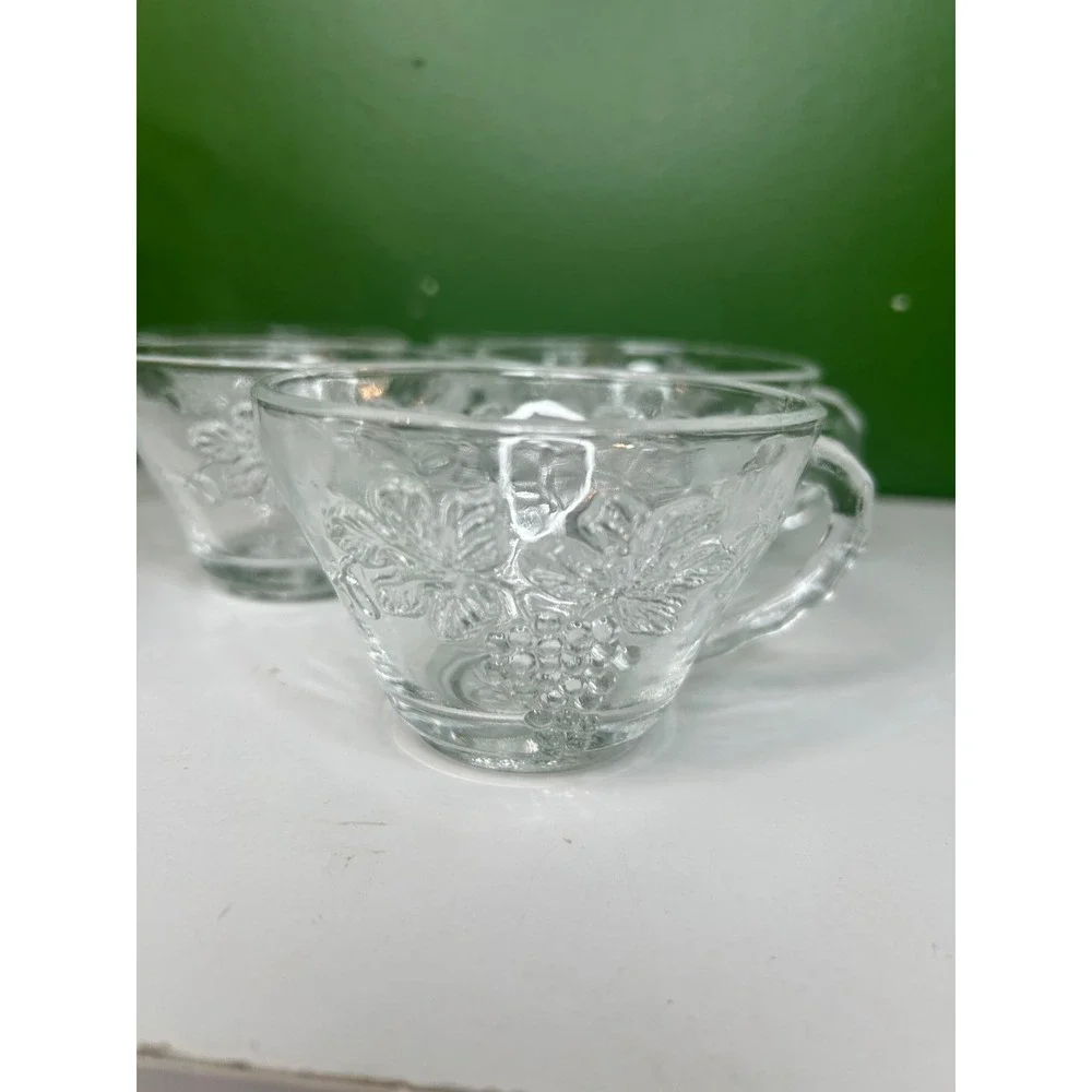 Vintage Clear Pressed Glass Grape Harvest Punch Bowl Set with 5 Cups and Ladle